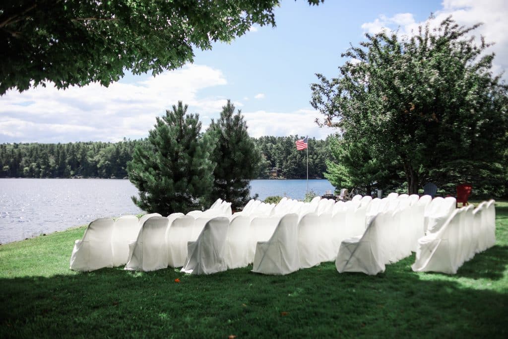 view of the wedding ceremony and the lake