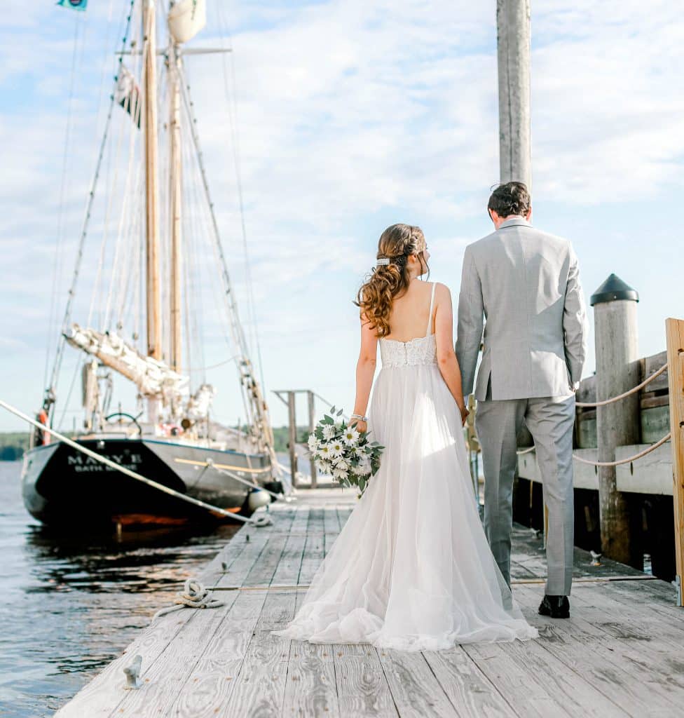 Maine Maritime Museum Wedding on Dock with Sail Boat