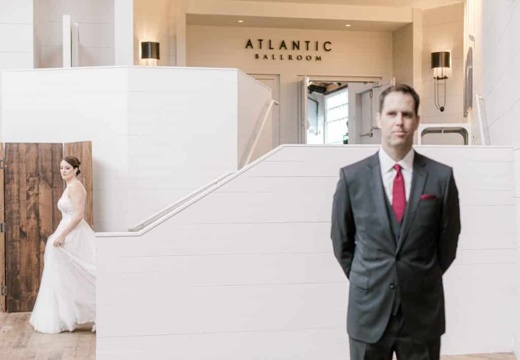 First look with bride and groom at the Cliff House Maine wedding