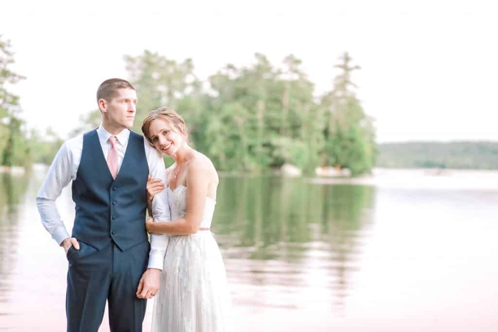 Bride and groom portrait at maine lake wedding venue Alamoosook lakeside inn