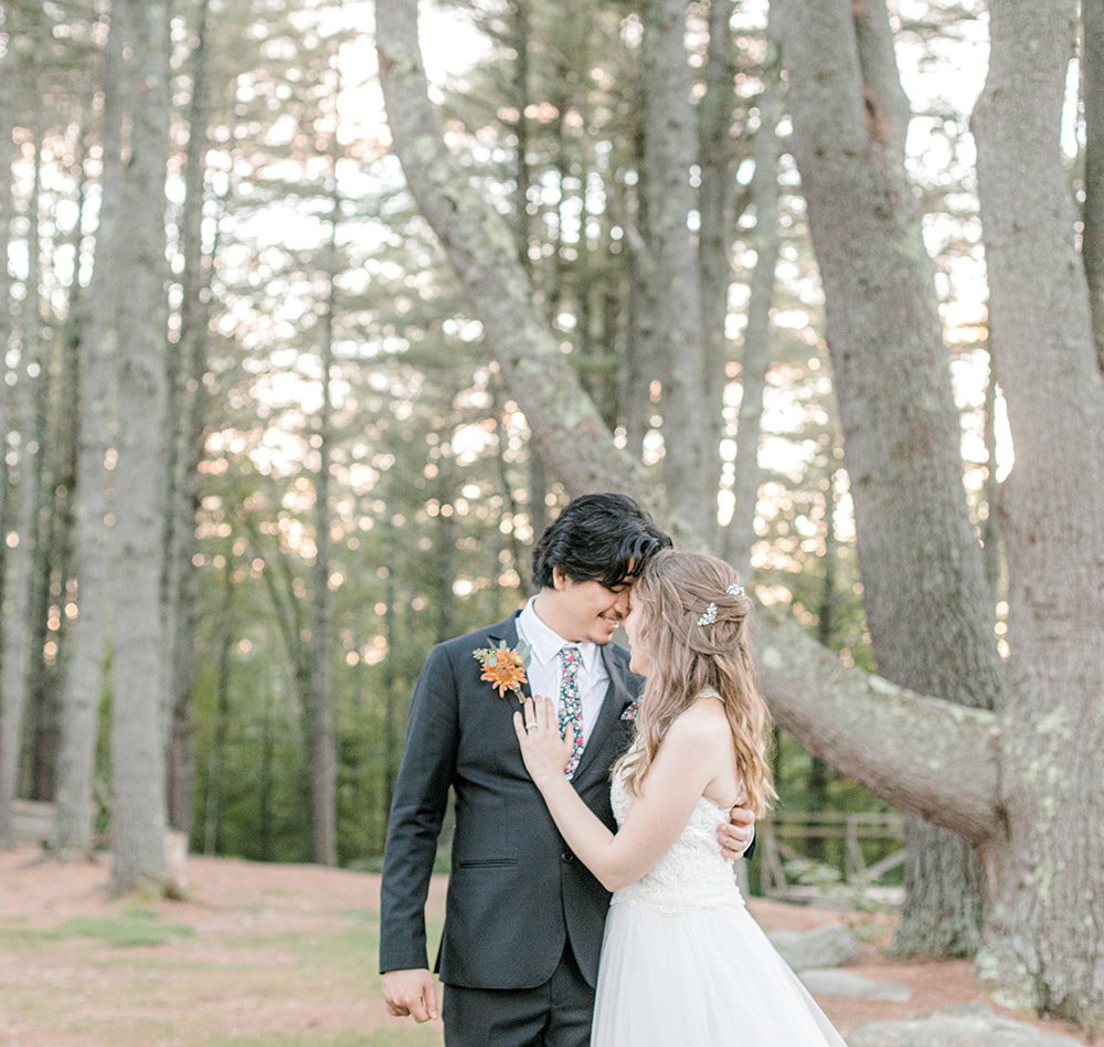 bride and groom looking into each others eyes with pine trees in the background