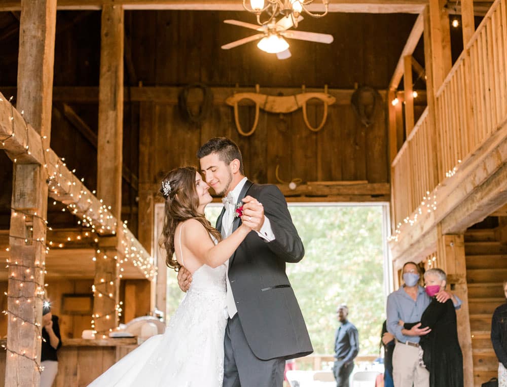 bride and groom first dance at a Maine barn wedding