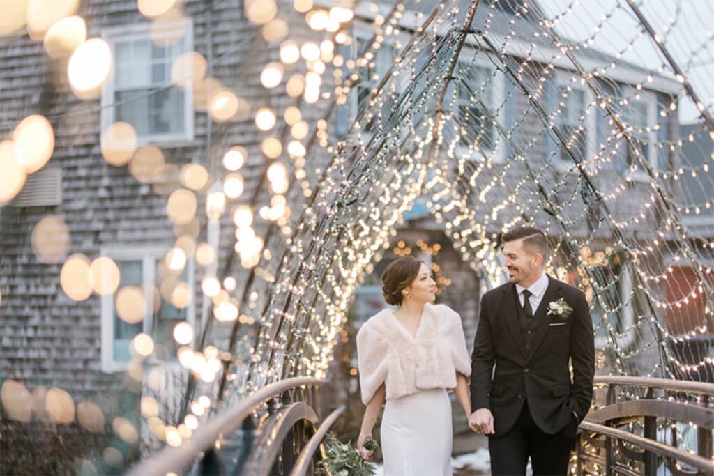 bride and groom in downtown kennebunkport, maine