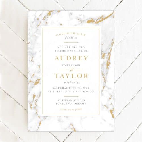 A wedding invitation with a marble and gold design featuring the names Audrey Richardson and Taylor Michaels. It details a ceremony on Saturday, July 27, 2020, at Urban Studio in Portland, Oregon, with a reception to follow.