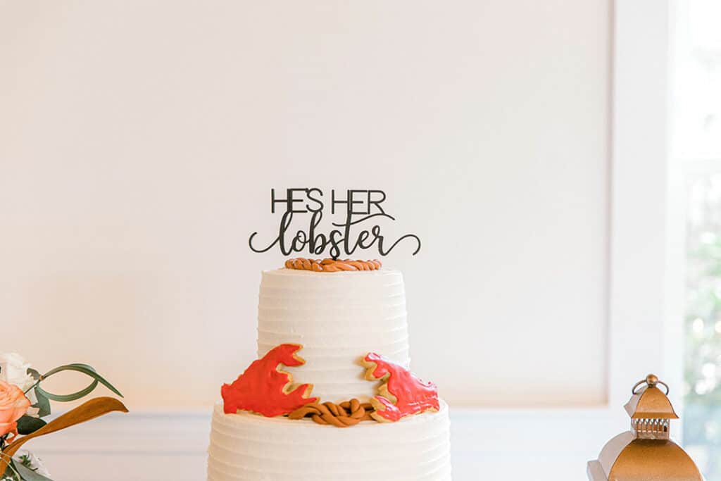 his and her lobster wedding cake at Spruce Point Inn - Boothbay Harbor, ME