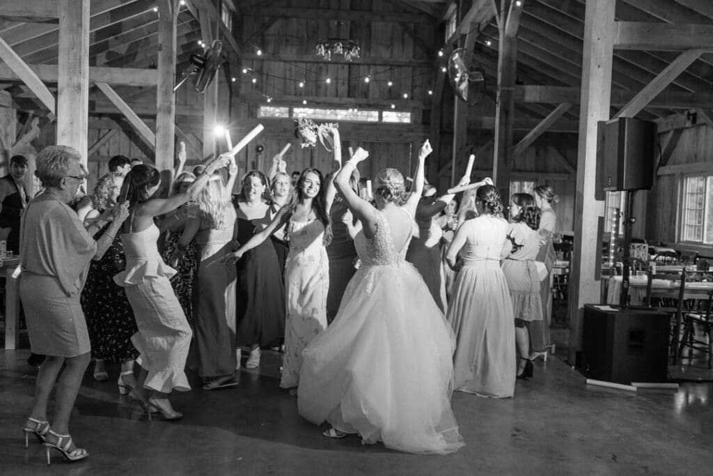 Guests dancing and celebrating during the wedding reception.